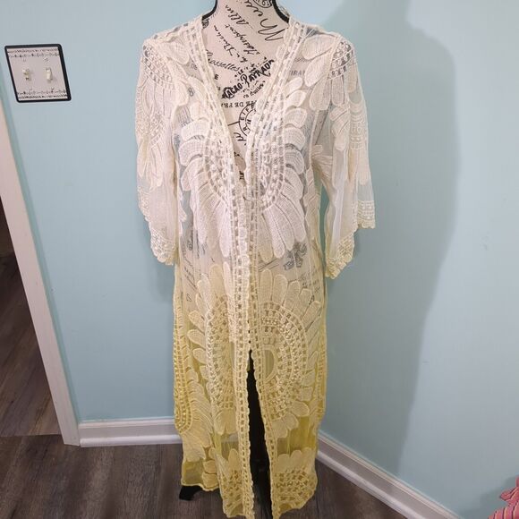 Rebellion Again Yellow White Embroidered Lace Kimono Duster/Coverup medium Boho - Picture 1 of 6